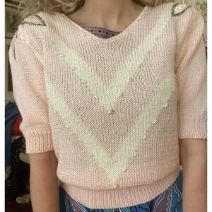 Vintage Beaded Short Puff Sleeved Sweater with Sequins & Pearls